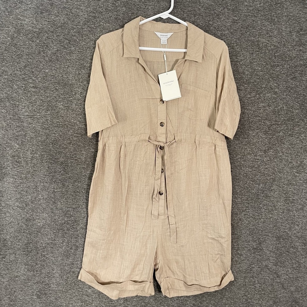 Seraphine Utility Playsuit Womens 4 Beige Linen Maternity Button Front Collared